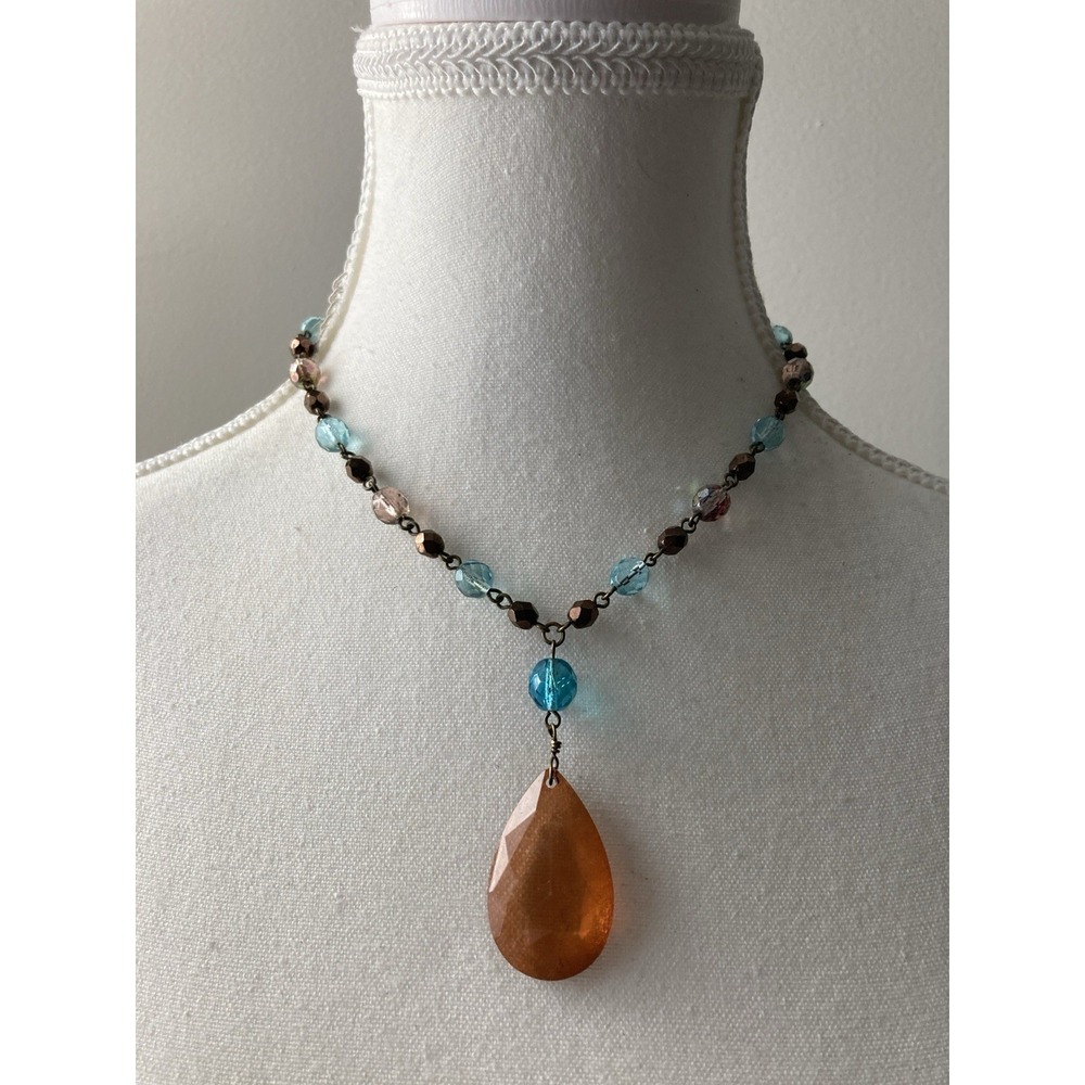 Cookie Lee‎ Teardrop Pendant Necklace Aqua Blue & Bronze Tone Crystal Beads